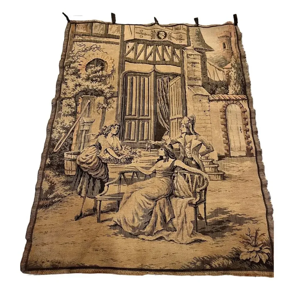 Vintage French wall tapestry wall hanging Loops Ladies Chateau 25x19” Victorian